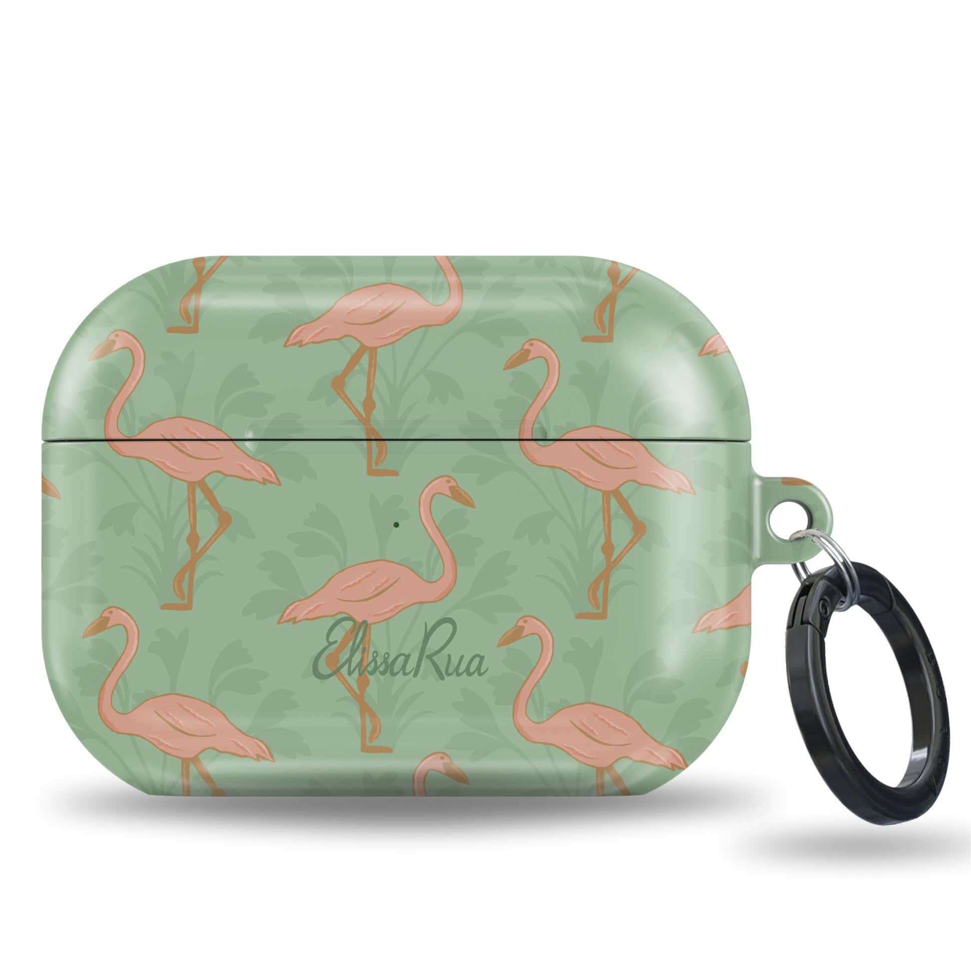 Green airpod case with pink flamingo pattern 