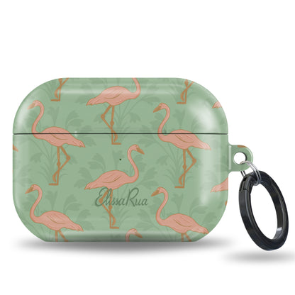 Green airpod case with pink flamingo pattern 