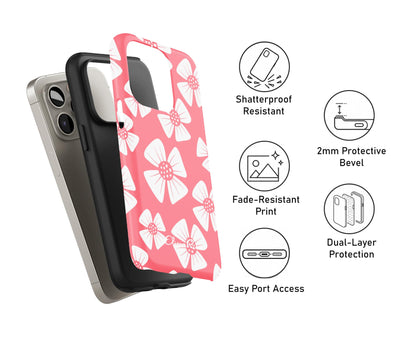Pink Petal tough phone case showing dual-layer drop protection with bold floral design