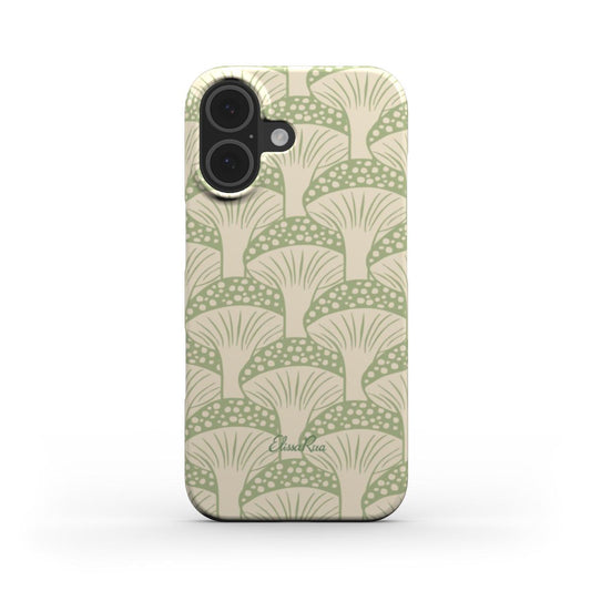 Front view of the Green Fan Mushroom Snap Case with soft green repeating mushroom fan pattern