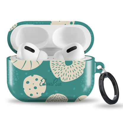 Spotty mushroom tough AirPods case with teal botanical pattern