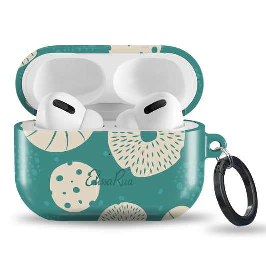 Spotty mushroom tough AirPods case with teal botanical pattern
