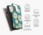 Layers of terracotta phone case with cream dot and abstract circular pattern, designed by Elissa Rua