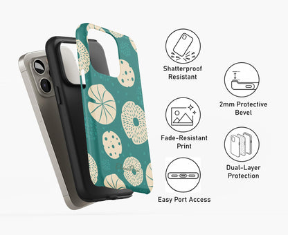 Layers of terracotta phone case with cream dot and abstract circular pattern, designed by Elissa Rua