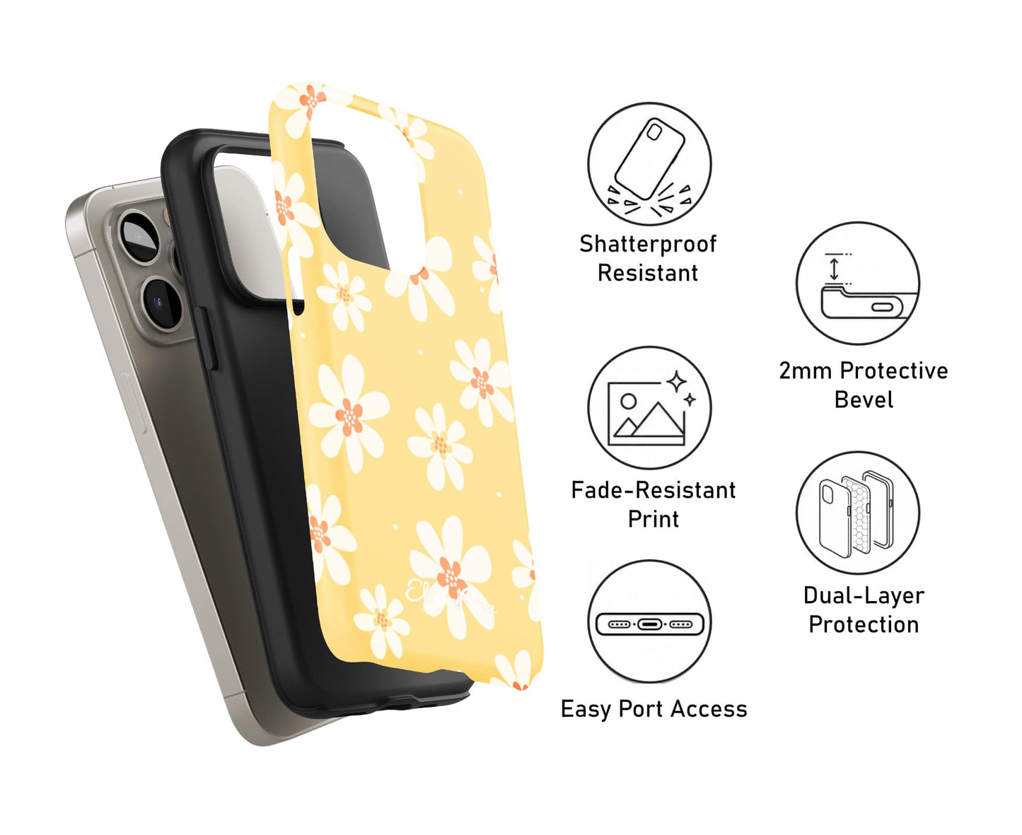 Sunny Daisy tough phone case showing dual-layer drop protection with yellow floral design