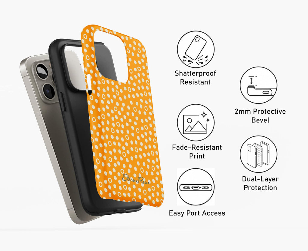 Sunny Dots tough phone case shown in two layers, with a shock-absorbing TPU inner shell and a durable hard outer shell.