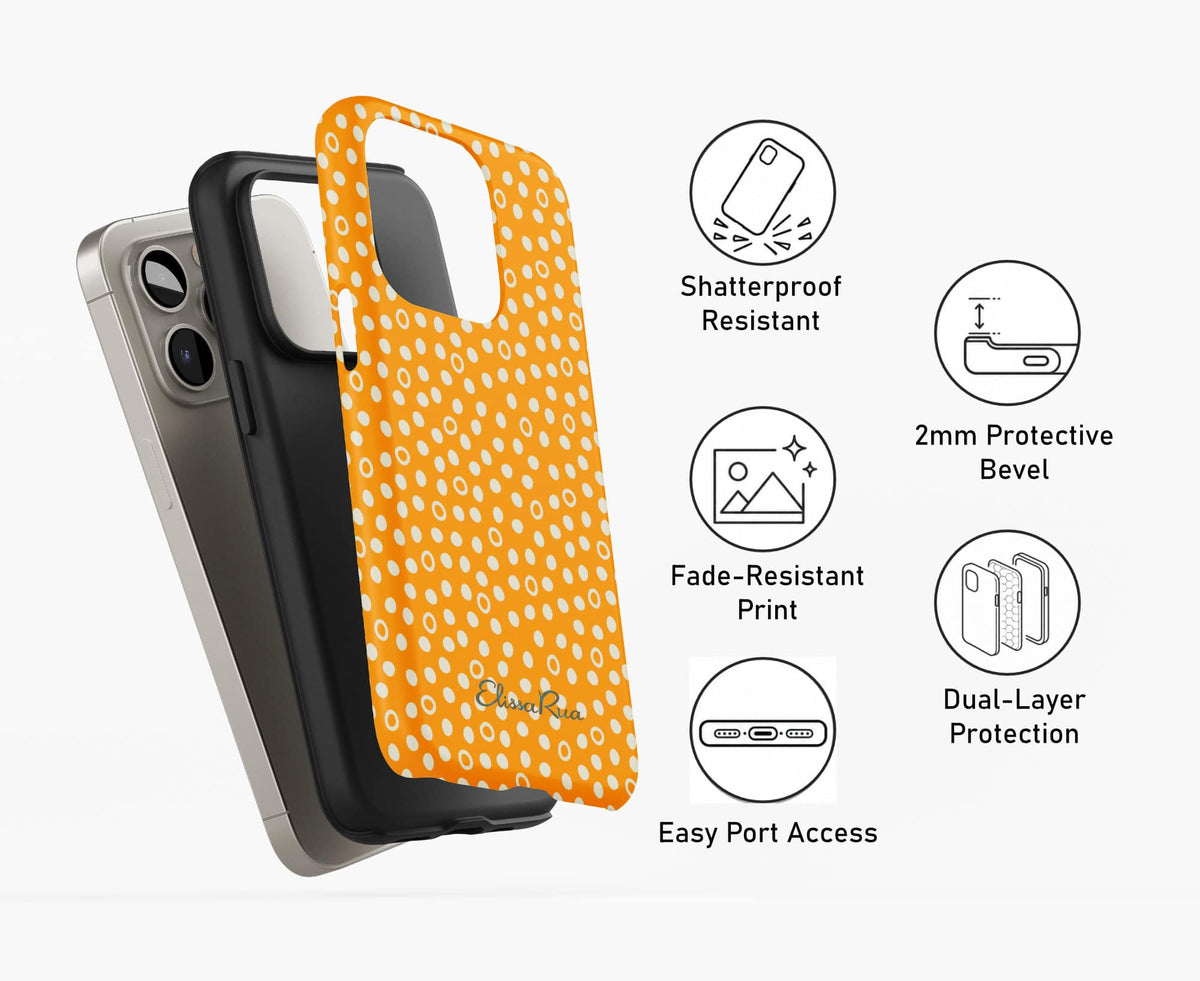 Sunny Dots tough phone case shown in two layers, with a shock-absorbing TPU inner shell and a durable hard outer shell.