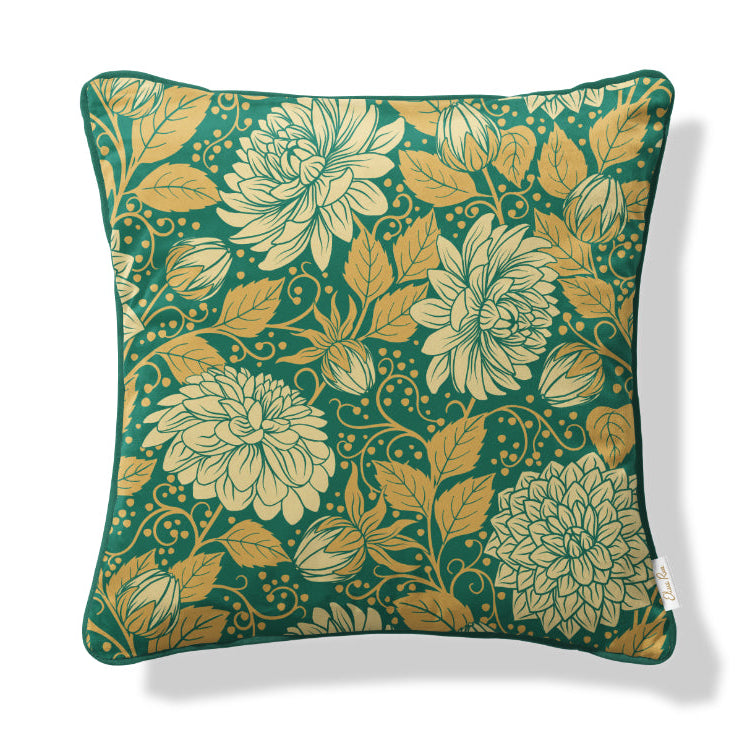 Teal dahlia artwork designer velvet cushion cover, luxury statement cushion, size 45x45cm