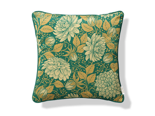 Teal dahlia artwork designer velvet cushion cover, luxury statement cushion, size 45x45cm