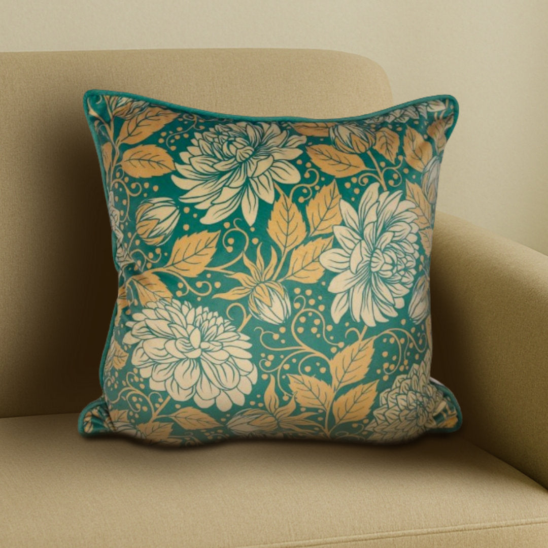 Teal dahlia artwork velvet cushion cover styled on sofa, designer decorative cushion