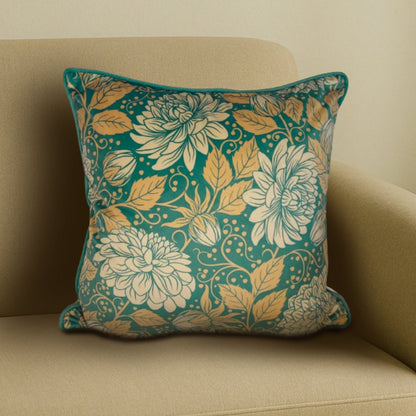 Teal dahlia artwork velvet cushion cover styled on sofa, designer decorative cushion