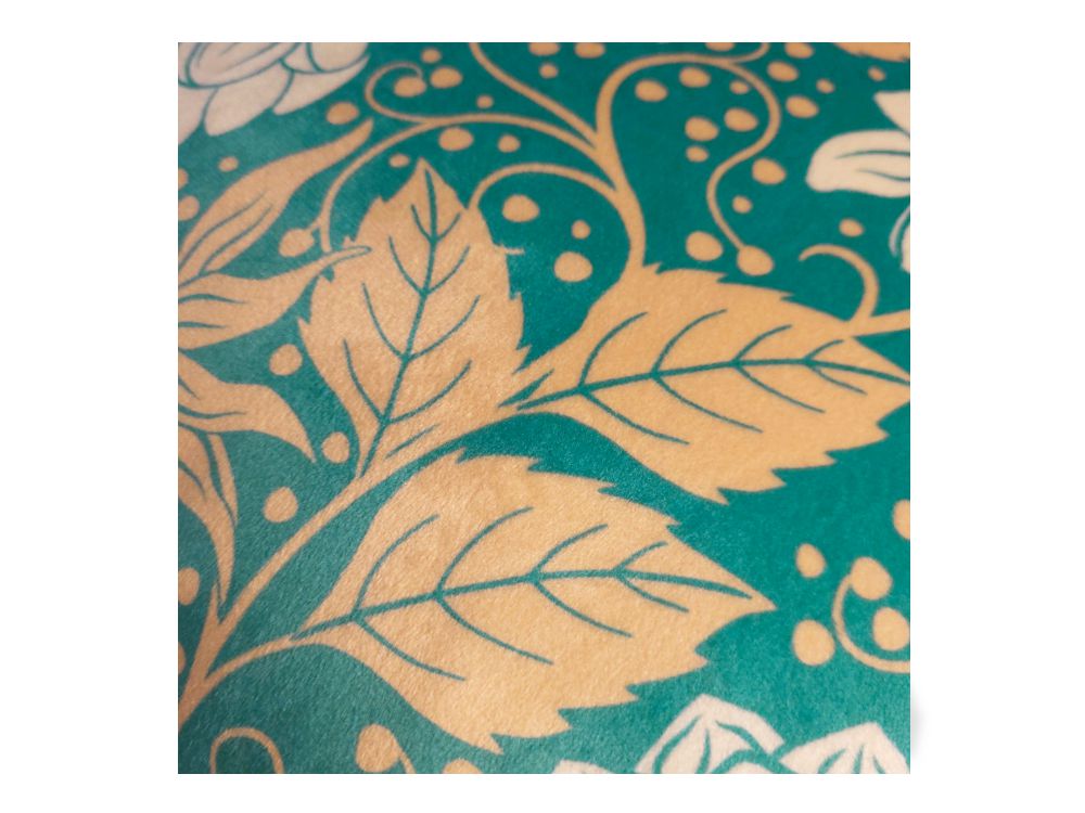 Close-up of teal dahlia floral artwork on luxury velvet cushion cover