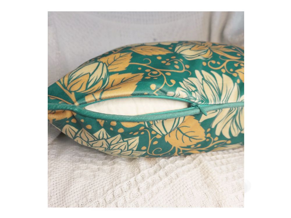 Side view of teal dahlia artwork velvet cushion cover, luxury decorative cushion