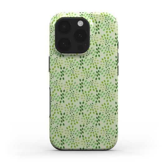 Front view of the Abstract Teardrop Foliage Green phone case, featuring an all-over pattern of teardrop-shaped foliage in varying shades of green.