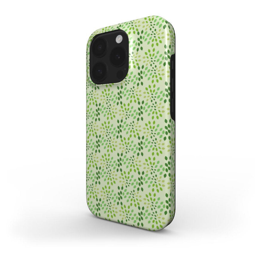 Side view of the Abstract Teardrop Foliage Green phone case, showing the slim profile and wraparound design.