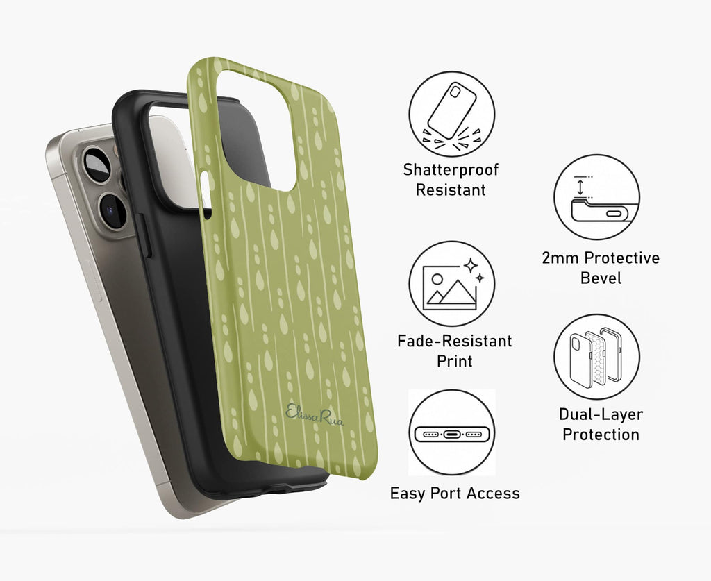 Water Drops tough phone case displayed in two layers, with a TPU inner shell and hard outer shell featuring an abstract droplet pattern.