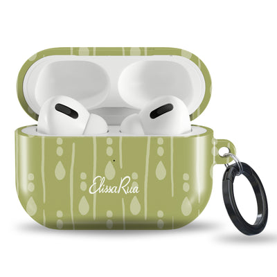 Sage green water drops tough AirPods case with minimalist pattern