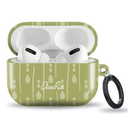 Sage green water drops tough AirPods case with minimalist pattern