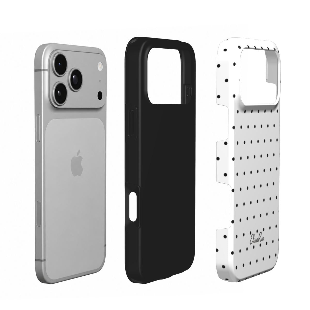Exploded view of the White Polka Dots tough phone case, showing the outer shell and inner protective layer