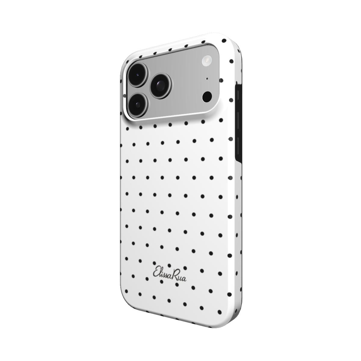 Side view of the White Polka Dots tough phone case, showing the patterned edges