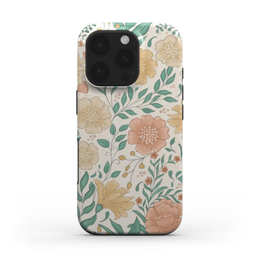 Front view of the Wildflowers Vintage Pastel Garden Floral Tough phone case, showing peach and yellow flowers on a light cream background.