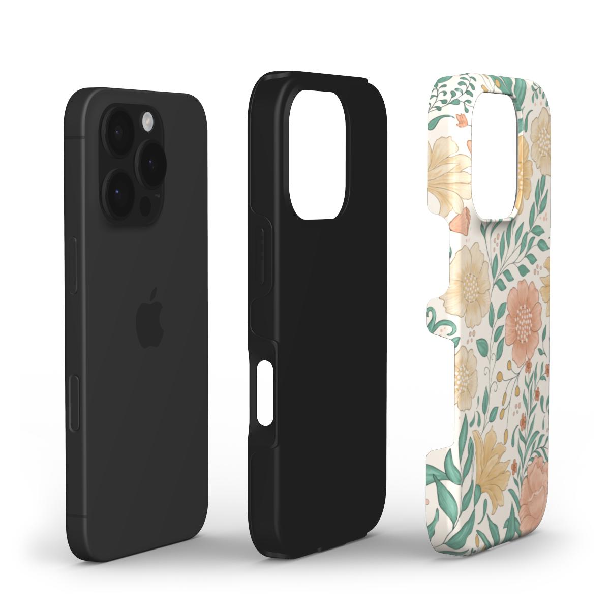 Exploded layers view of the Wildflowers Vintage Pastel Garden Floral Tough phone case highlighting dual-layer polycarbonate and TPU construction.