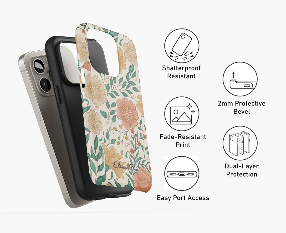 Exploded layers view of the Wildflowers Vintage Pastel Garden Floral Tough phone case highlighting dual-layer polycarbonate and TPU construction.