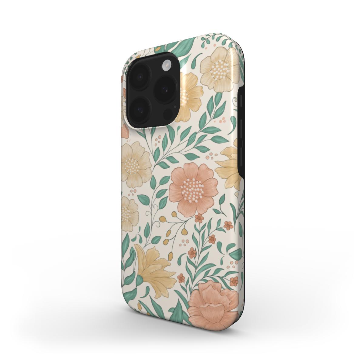 Side profile of the Wildflowers Vintage Pastel Garden Floral Tough phone case with wrap-around pastel floral design and raised bezel.