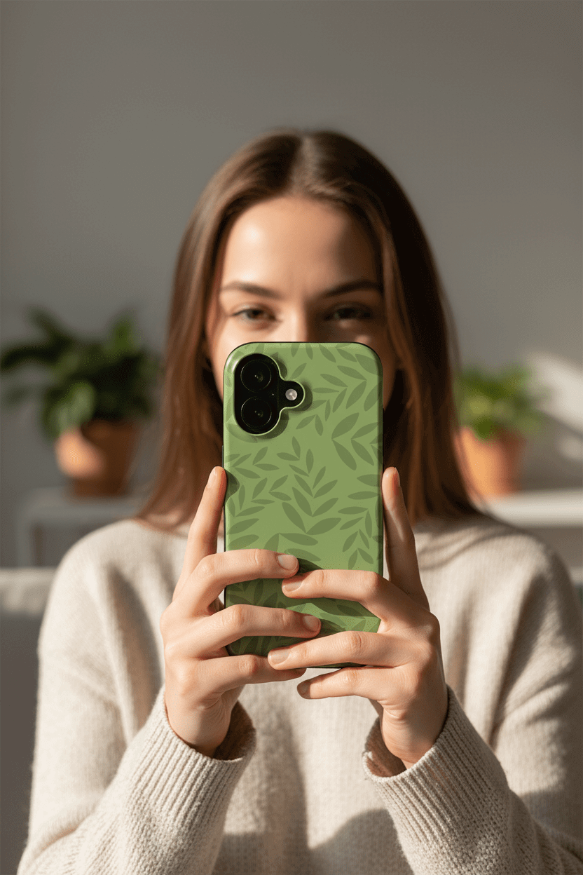 Woman holding phone case in front of her face