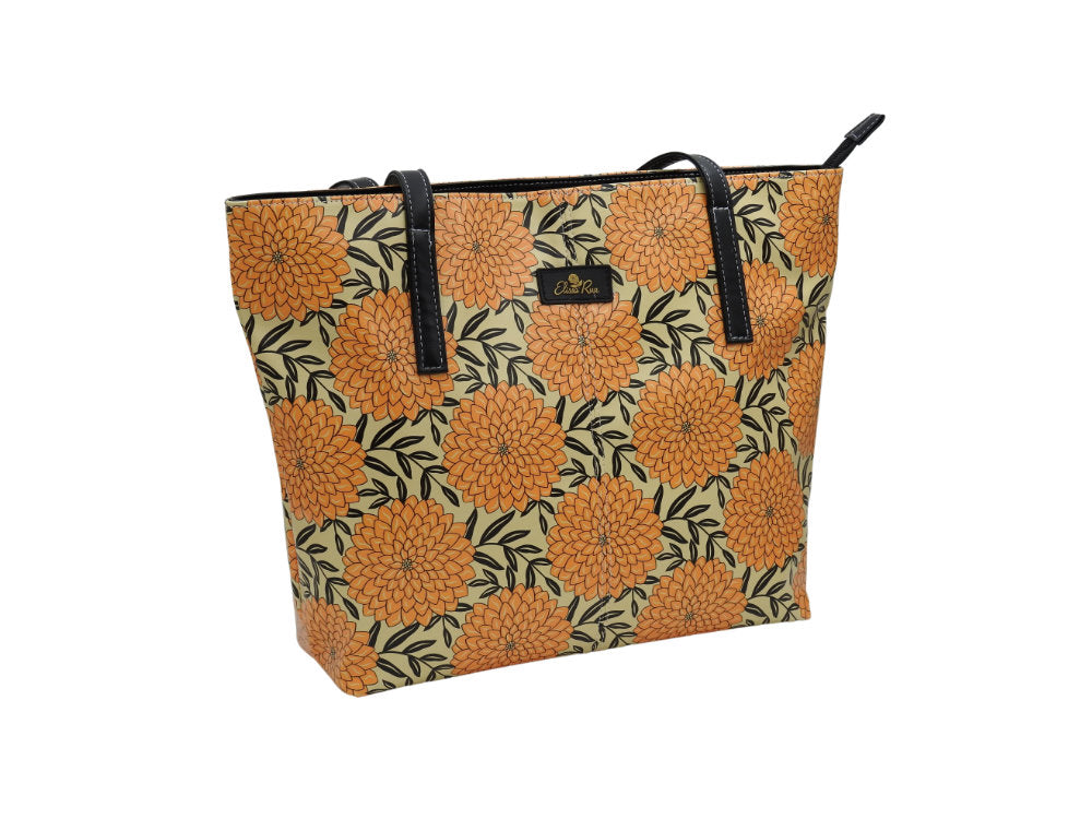 Yellow and black Dahlia tote bag by Elissa Rua — angled view showing artistic floral design and structured shape, women’s designer handbag.