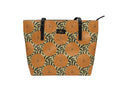 Yellow and black Dahlia tote bag by Elissa Rua – designer women’s shoulder handbag with artistic floral pattern, front view.
