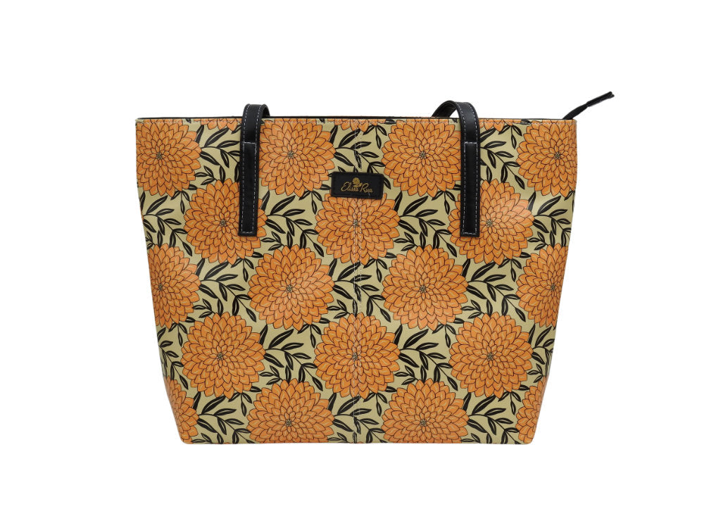 Yellow and black Dahlia tote bag by Elissa Rua – designer women’s shoulder handbag with artistic floral pattern, front view.
