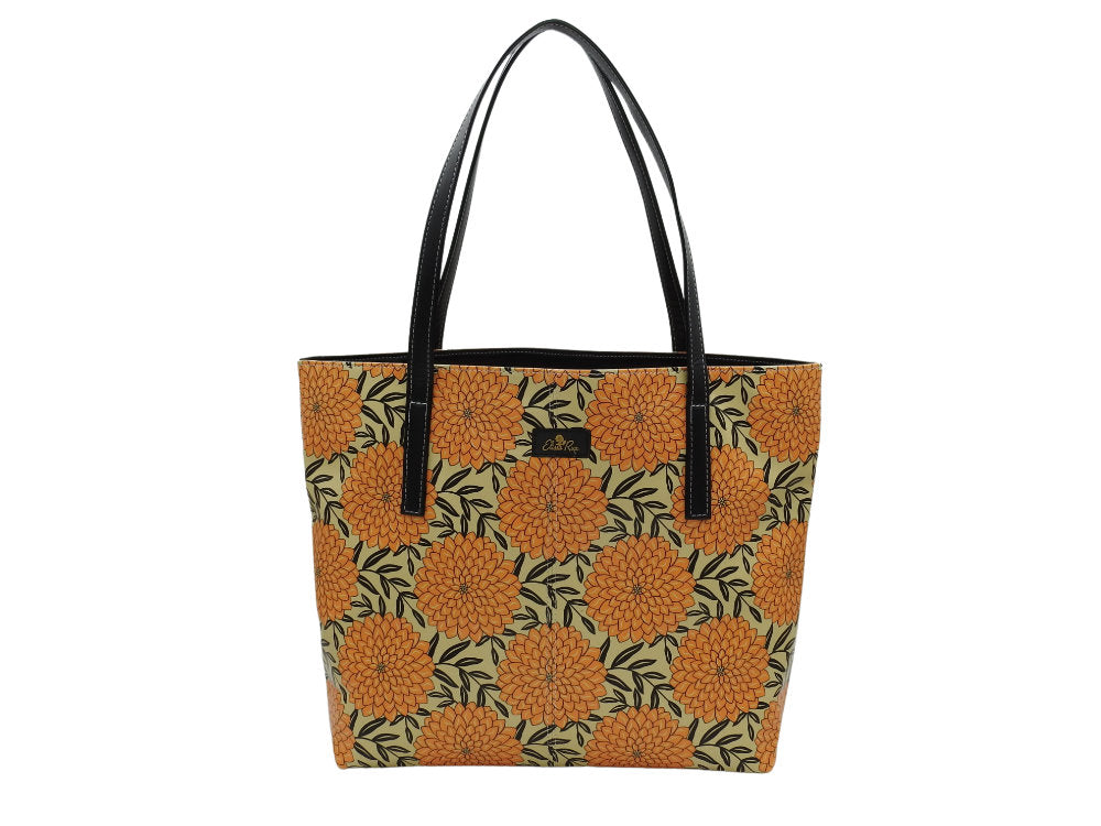 Yellow and black Dahlia tote bag by Elissa Rua — side view showing black handles and artistic floral pattern, designer women’s handbag.